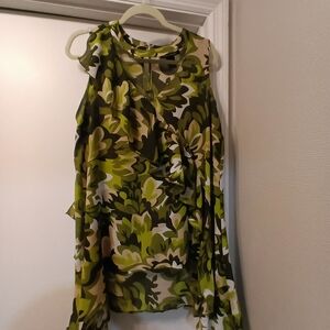 Green Floral Ruffled Sleeveless Blouse